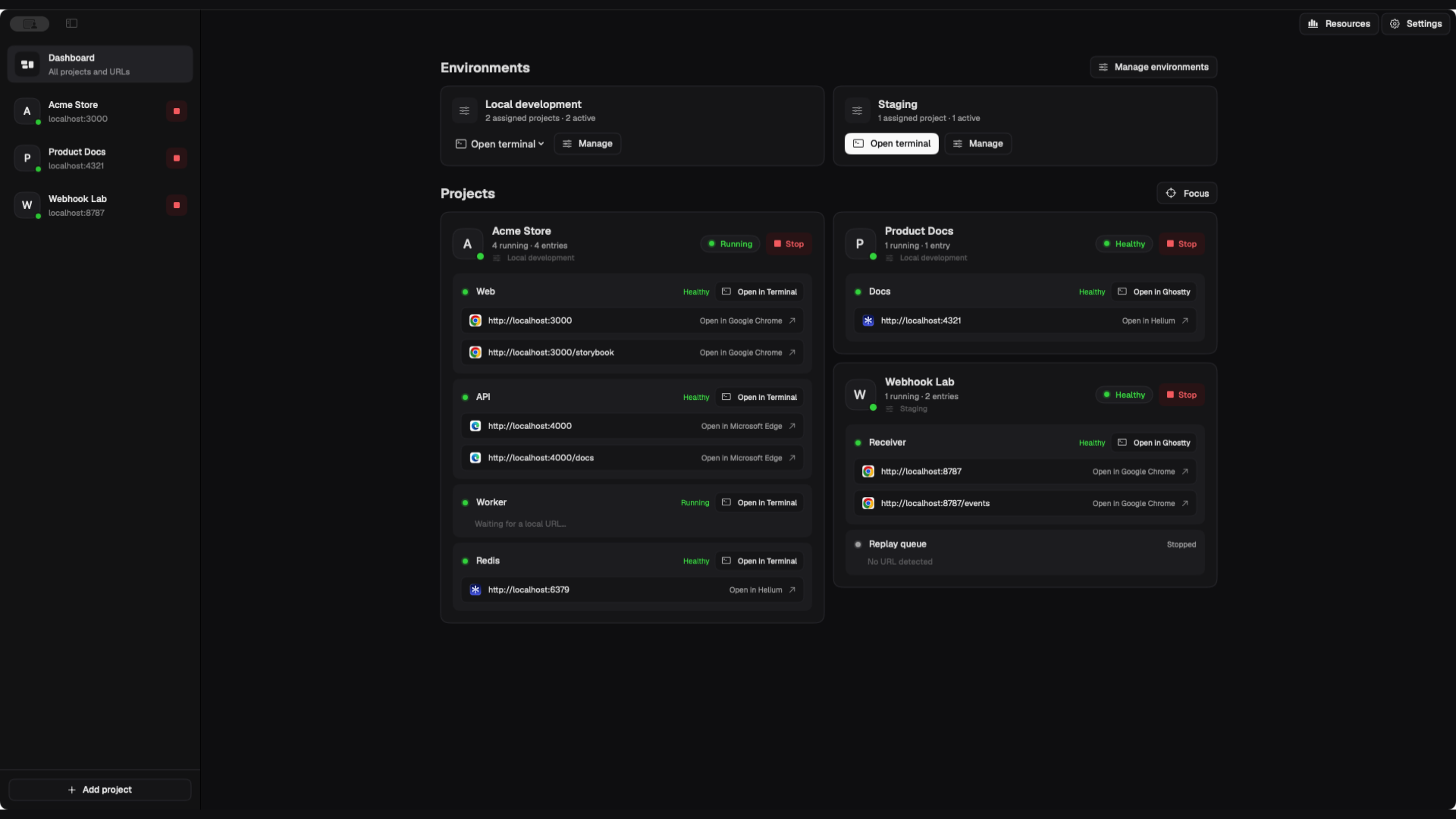 Myse dashboard showing sample projects with localhost URLs assigned to Chrome, Microsoft Edge, and Helium, plus Terminal and Ghostty handoff controls