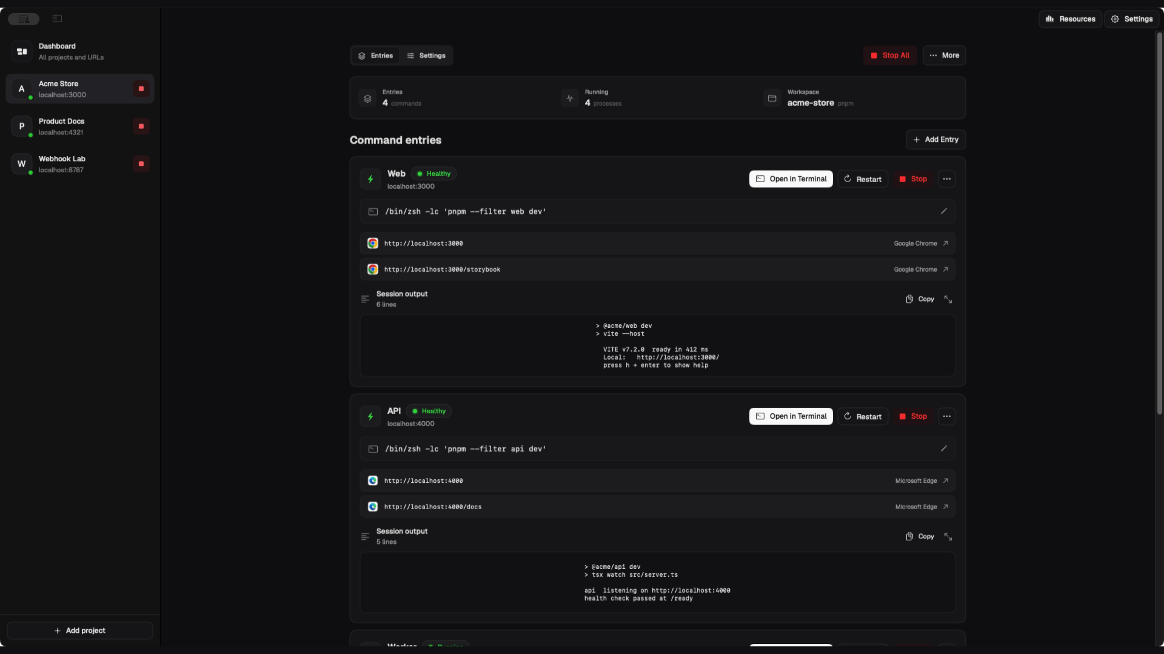 Myse project view showing sample web and API commands, Chrome and Edge URL actions, Terminal handoff controls, health checks, and live output